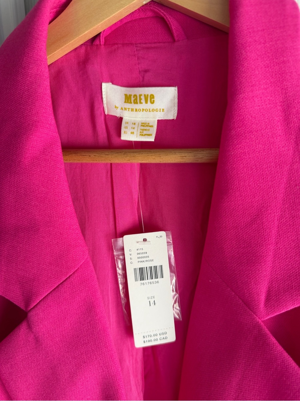 NWT Anthropologie Maeve Bright Hot Pink Double-Breasted Blazer Size: 14 - Picture 3 of 9